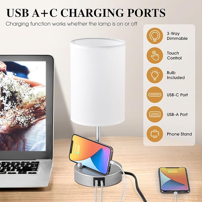 Briever Touch Control Table Lamp for Bedroom, 3-Way Dimmable Nightstand Lamp with USB Charging Ports, Bedside Desk Lamp with Silver Base Phone Stand & Linen Fabric Shade, Bulb Included