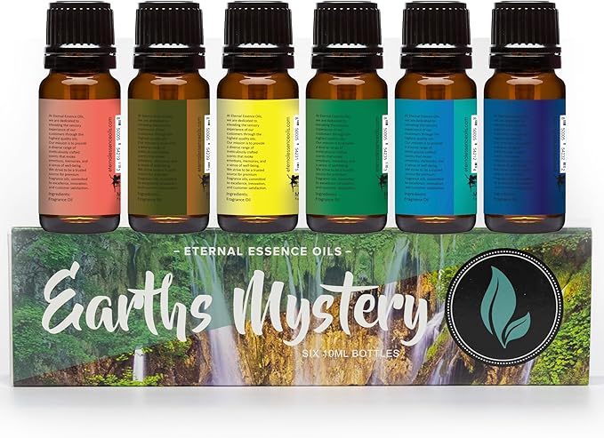 Eternal Essence Oils Earths Mystery Set of 6 Premium Fragrance Oils - Includes Freesia Plumeria, Sweet Grass, Amberwood Moss, Adriatic Fig, Moroccan Argan Type, and Coral Reef Scented Oils - 10ML