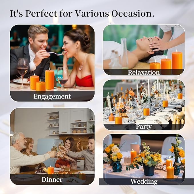 KONNI Orange Pillar Candles Set of 3, 3"x 3" Unscented Pillar Candles Bulk, 30 Hours Long Burning Candles, Smokeless&Dripless Large Round Candle for Wedding, Home Decoration, Parties, Spas, Dinner