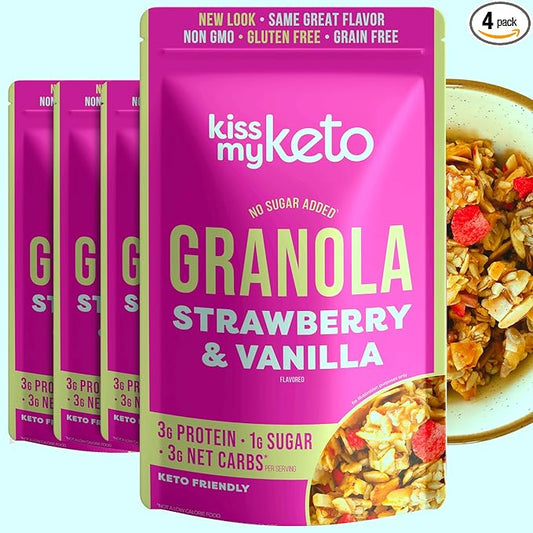 Kiss My Keto Sugar Free Granola, Strawberry Vanilla 4-Pack – Curb Cravings with Few Net Carbs – Allulose Sweetened, Resealable & Gluten-Free Crunchy Clusters – Grain Free Granola Great With Yogurt or Milk