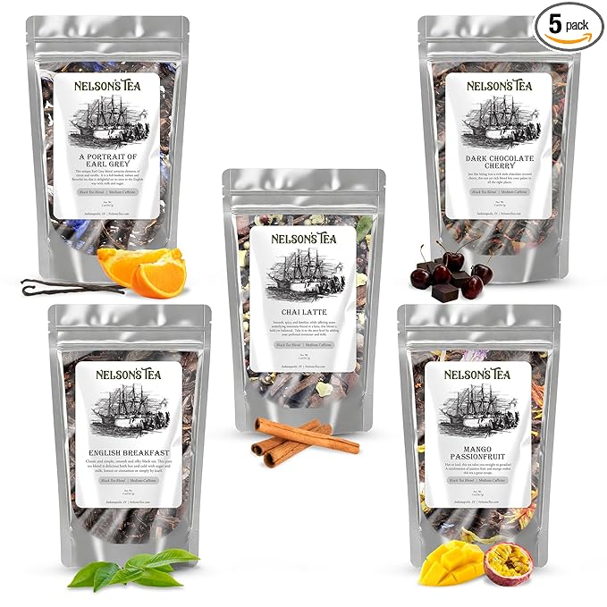 Nelson's Tea Favorites Sampler Pack - Loose Leaf Tea Sampler - A Portrait of Earl Grey, Chai Latte, Dark Chocolate Cherry, English Breakfast, Mango Passionfruit (2 Oz Sizes)