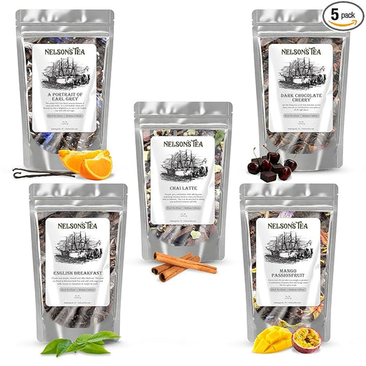 Nelson's Tea Favorites Sampler Pack - Loose Leaf Tea Sampler - A Portrait of Earl Grey, Chai Latte, Dark Chocolate Cherry, English Breakfast, Mango Passionfruit (2 Oz Sizes)