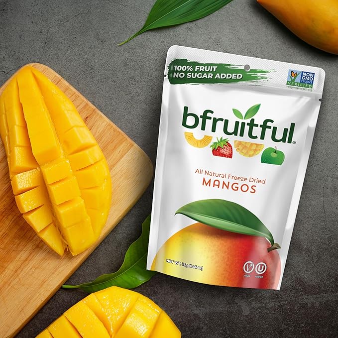 bfruitful Freeze-Dried Mango, Freeze Dried Fresh Fruit Bites, Gluten Free, Vegan, Dairy Free, Kosher, No Sugar Added, Non GMO, Healthy Snacks for Kids or Adults, 0.56 oz Single-Serve Snack Packets, 24 Pack