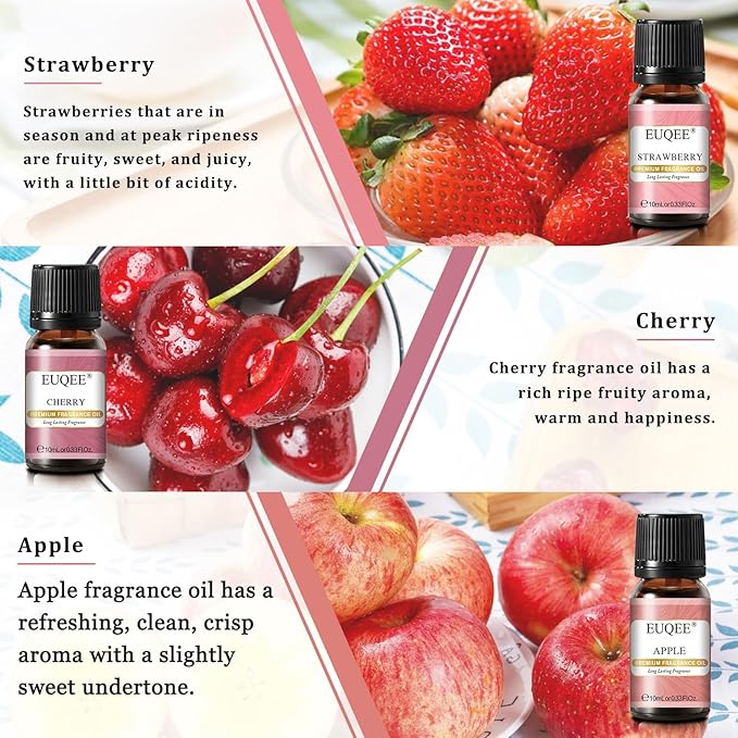 EUQEE Premium Fruit Fragrance Oils Gift Set for So Sweet - 6x10ml-Strawberry, Cherry, Litchi, Apple, Mango, Peach - Scented Essential Oils for Diffuser, Candle Making
