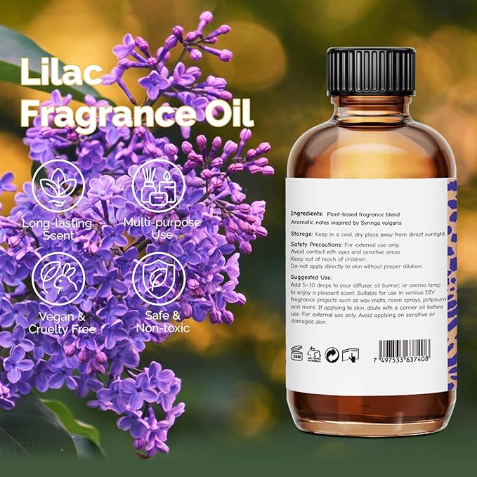 Lilac Fragrance Oil 2 Oz, Natural Scent Oil for Home Essential Oils Diffuser, Candle Making, Soap Making, DIY Body Oils, Perfume, Body Mist, Spray - Floral Scent