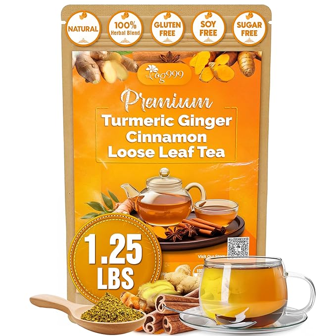 TOG999, Premium 20oz/330 cups Ginger Turmeric Cinnamon Loose Leaf Herbal Tea. Improve Digestion, Support Brain, Weight, Skin and Sleep. Premium Quality Spiced Blend. No Sugar, No Caffeine, No Gluten, Vegan.