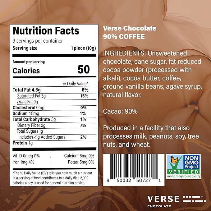 Verse Luxury Dark Chocolate Coffee Squares - Only 1g Cane Sugar - Coffee Flavored 90% Dark Cocoa - Individually Wrapped Cacao Chocolate Squares (9 Count, 2 Pack)