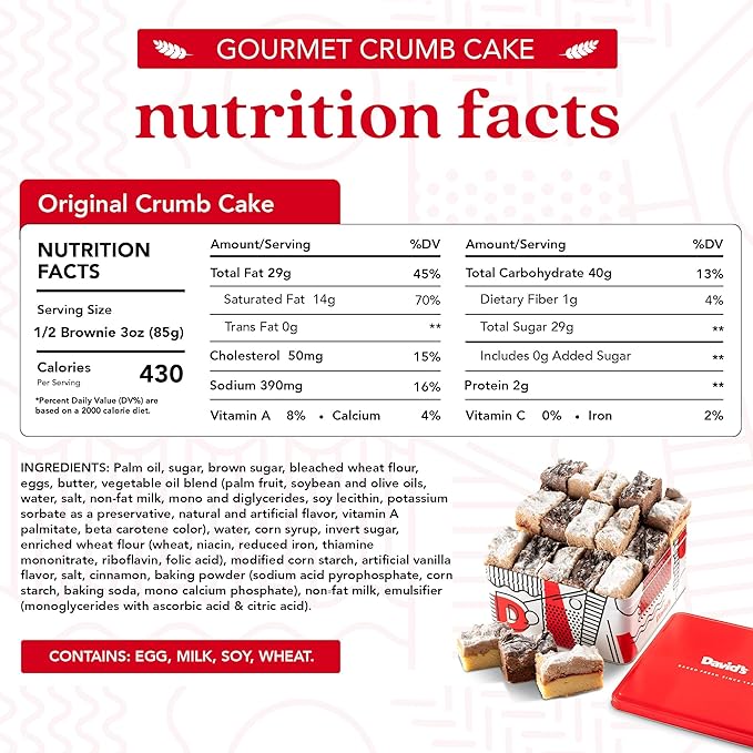 David's Cookies Fresh Baked Gourmet Crumb Cake Food Gift Basket - Gourmet Crumb Cake Assortment With Original Butter, Raspberry Gift Basket - Ideal Gift for Corporate Birthday Fathers Mothers Day Get Well and Other Special Occasions - 2 lb (14 pcs)