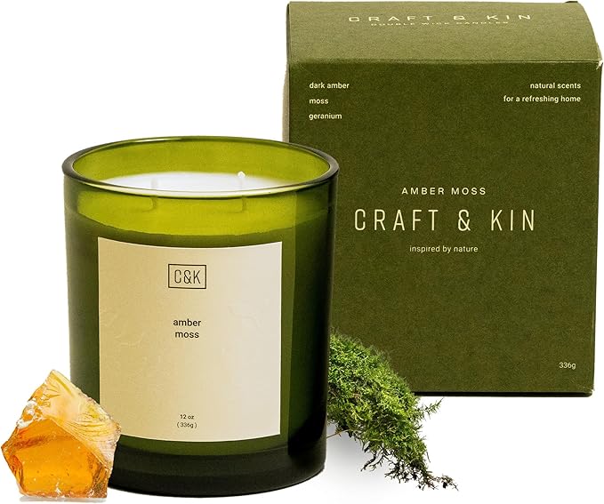 Craft & Kin 12oz Amber Moss Candle for Home | Premium Green Fall Scented Candles for Men | Made with Natural Soy | Gifts for Men and Women | Nature Collection