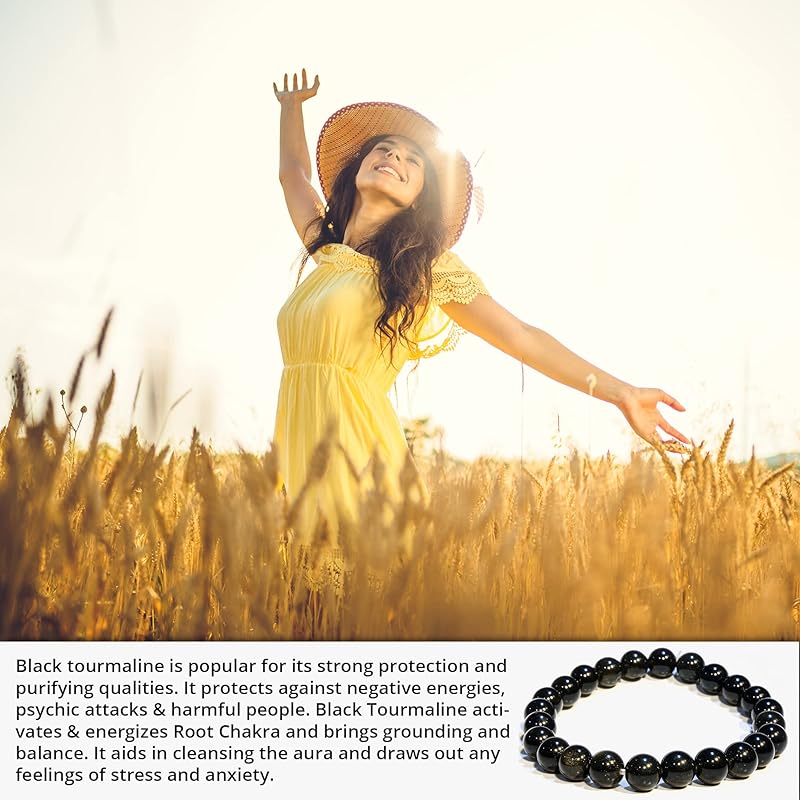 Black Tourmaline Bracelet, Natural Healing Crystal Bracelet for Women and Men, 8mm Round Beaded Bracelet for Spiritual, Protection, Positive Energy, Elastic Adjustable Size Gemstone Bead Bracelet