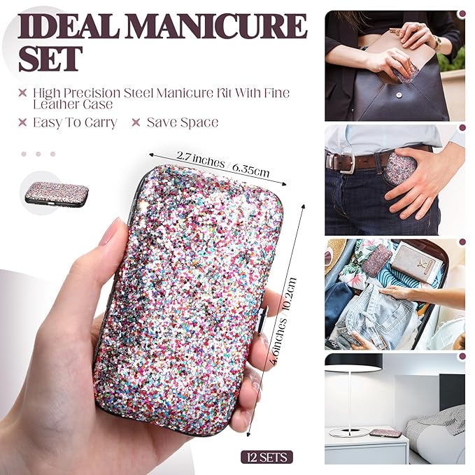 Geosar 12 Set 8 in 1 Manicure Set Stainless Steel Nail Clippers Kit Pedicure Care Tools with Leather Case Travel Grooming Kit Gift for Women Men(Glitter Candy Color)