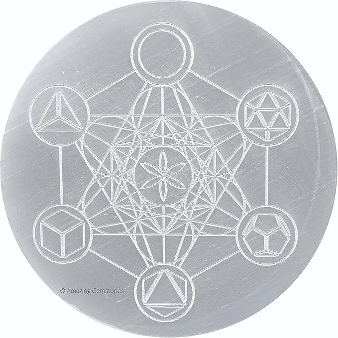 Amazing Gemstone Selenite Crystal Charging Plate For Crystals And Healing Stones, 3" Selenite Crystal Plate Engraved Metatron Platonic Solid Coaster For Home, Office Table Decor (Selenite Round Disc)