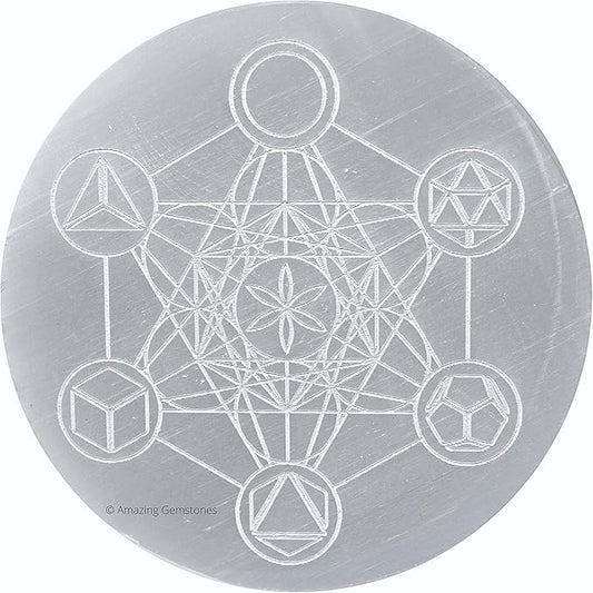 Amazing Gemstone Selenite Crystal Charging Plate For Crystals And Healing Stones, 3" Selenite Crystal Plate Engraved Metatron Platonic Solid Coaster For Home, Office Table Decor (Selenite Round Disc)