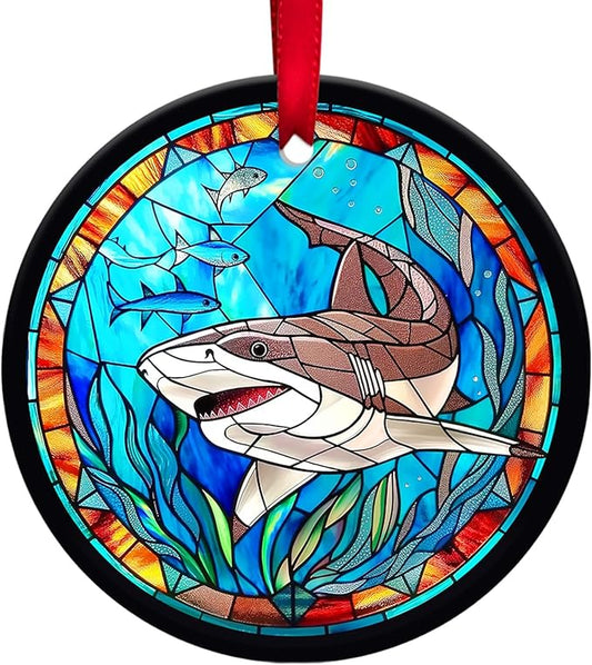34HD Gifts for Christmas, 2.9"" Ceramic Hanging Ornament for Christmas Tree, Lightweight Both Sides Printed Flat Ornament, Christmas Decoration, Shark