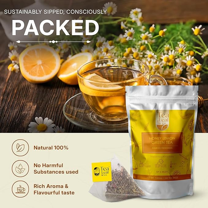 Tealeaf & Co. Honey Lemon Green Tea with Lemon & Honey Extract, Lemongrass, Licorice & Chamomile - Organic Green Tea Bags with Fresh Herbs and Spices - 100 Teabags (7.055oz/200gm)