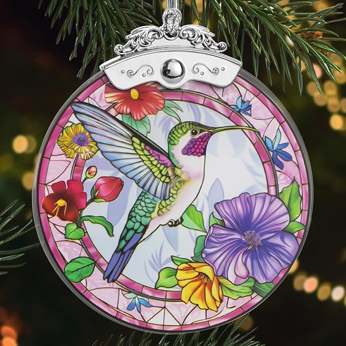 Christmas Tree Ornaments 3 Inch Clear Glass Blanks Round Print Ornament Christmas Hanging Decorative with Silver Ribbon (Bird)