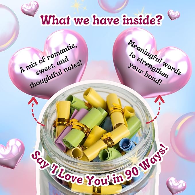 90 PCS Love Notes Jar, Long Distance Relationship Gifts, Gifts for Him, Couples Gifts, Gifts for Boyfriend Girlfriend Wife Husband, Gifts for Men, I Love U