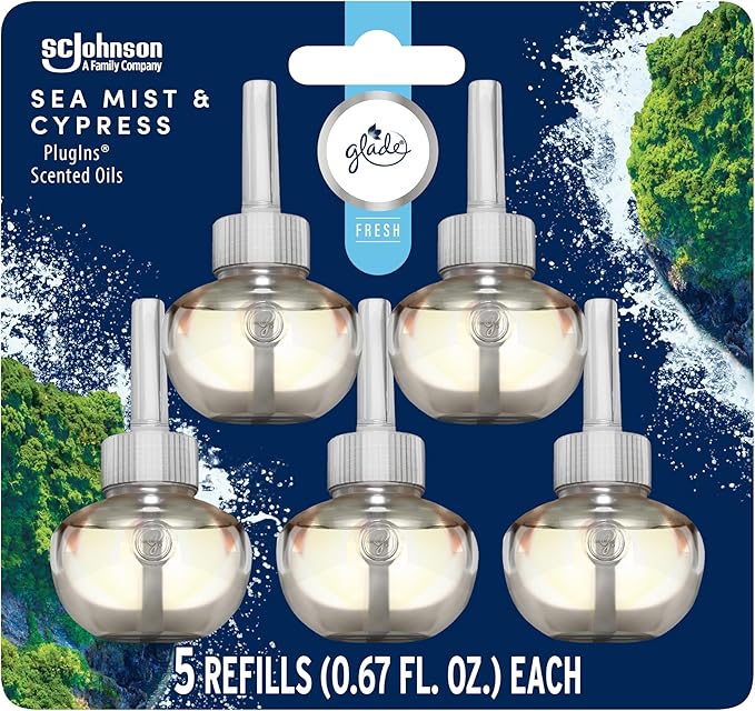 Glade PlugIns Refills Air Freshener, Sea Mist & Cypress, Scented and Essential Oils for Home and Bathroom, 0.67 Fl Oz, 5 Count