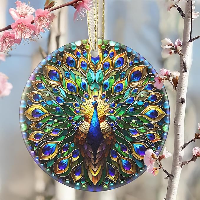 Ceramic Peacock Hanging Ornament - Christmas Tree Decor - Gifts for Peacock Lovers