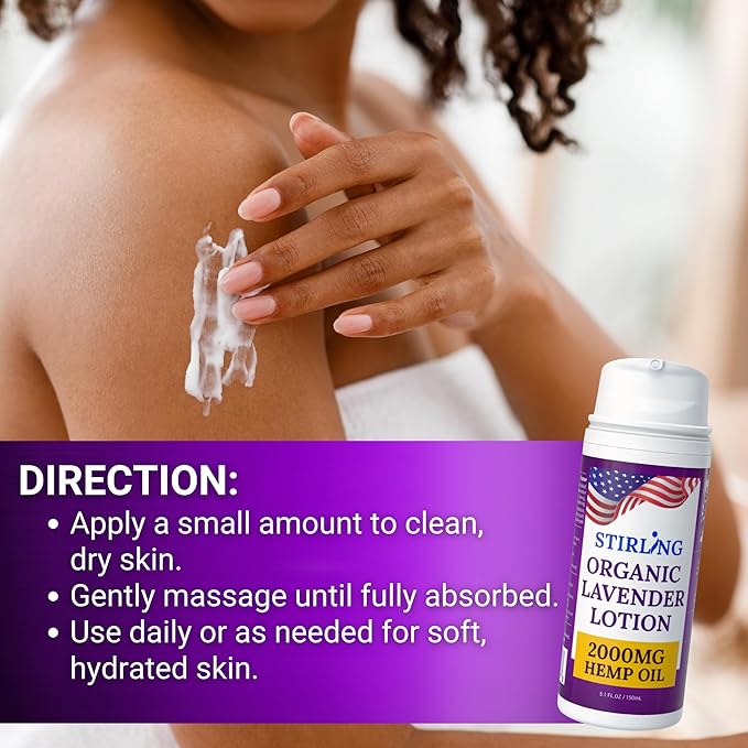 STIRLING Lavender Lotion – Organic Lavender with 2000mg Hemp Oil, Aloe Vera, and Vitamin E – Nourishing and Moisturizing Body Lotion for a Soft and Smooth Feel