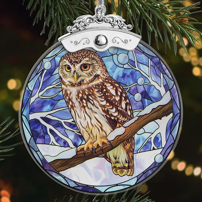 Christmas Tree Ornaments 3 Inch Clear Glass Blanks Round Print Ornament Christmas Hanging Decorative with Silver Ribbon (Owl)