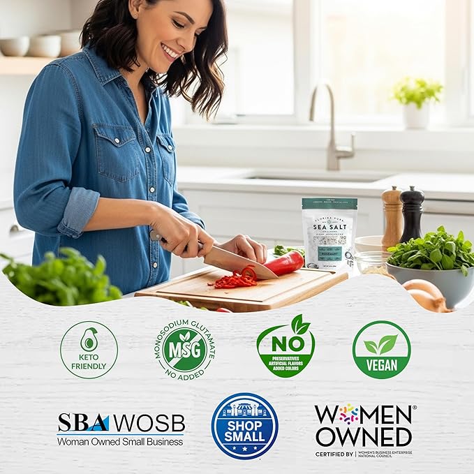 FLORIDA PURE Rosemary Sea Salt - 80+ Mineral Sea Salt, Natural, Unrefined, Non Iodized - for Baking, Cooking, Seasoning & Enhancing Taste - Hand-harvested Flaky Sea Salt (3 oz. Pouch)