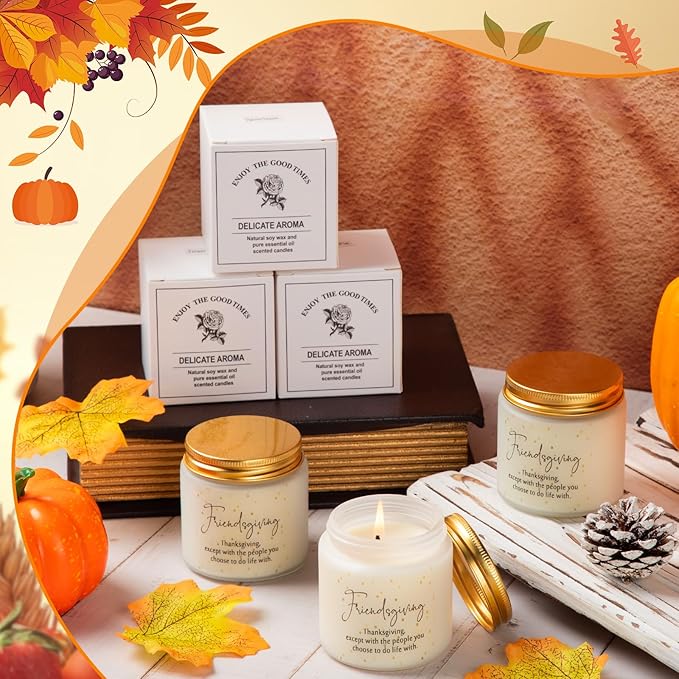 3 Pcs Thanksgiving Gifts Fall Scented Candles Set 3.5 Oz Soy Wax Pumpkin Scented Glass Jar Candle Friendsgiving Gift for Friends Coworker Women Men Autumn Birthday (Classic)