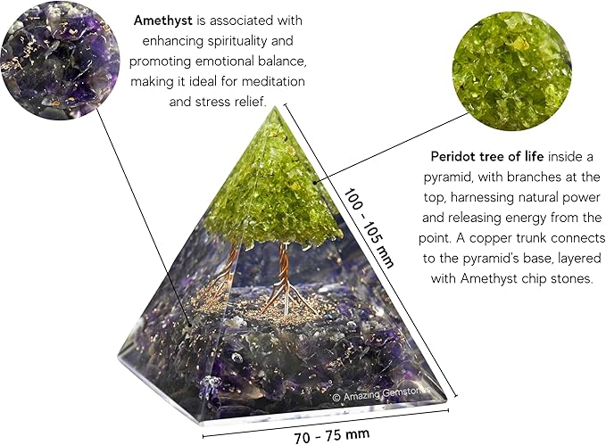 Amazing Gemstone Organite Orgone Pyramid Extra Large 105 MM - Orgone Energy Pyramid with Amethyst Crystals, Peridot Tree and Healing Stone - Orgonite Pyramids Crystals and Positive Energy