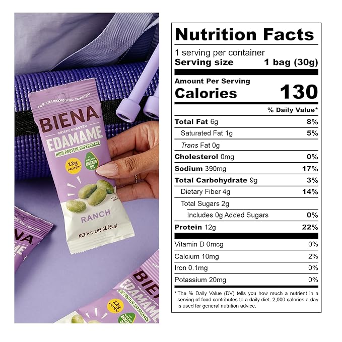 Biena Crispy Roasted Edamame Beans Snack – High Protein Low Carb Snack for Adults & Kids, 12g Protein per Serving - Made w/Avocado Oil – Vegan, Gluten-Free – 10-Pack, 1.05oz Bags, Ranch