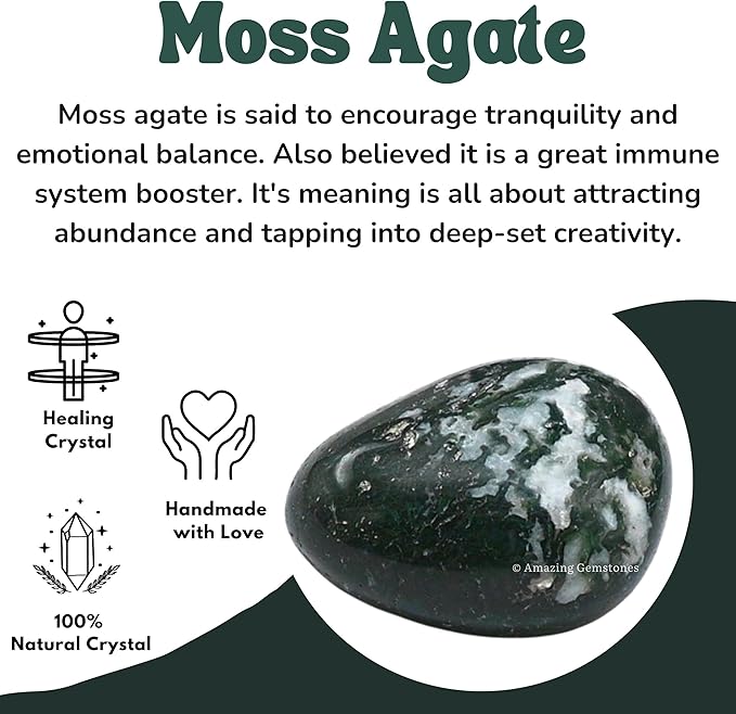 Amazing Gemstone Moss Agate Crystals and Healing Stones Tumbled - 1 oz Moss Agate Stones, Healing Stones for Energy Balance, Stress Relief - Premium Polished Gems Rocks for Meditation & Wellness