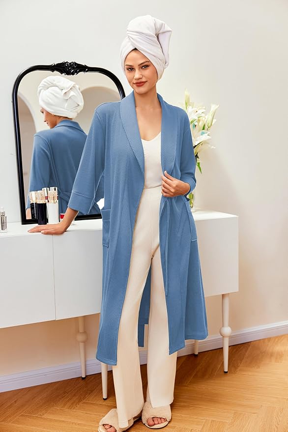 Ekouaer Robes for Women Long Waffle Knit Bathrobe Lightweight Kimono Robe Soft Shawl Collar Spa Robes with Pockets S-XXL