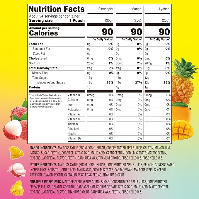 Amos Peelerz Assorted Peelable Gummy – Tropical Peeling Candy Variety Pack | Mango, Lychee & Pineapple | 24 Individual Packs (608g) | Fun, Chewy & Shareable Treat