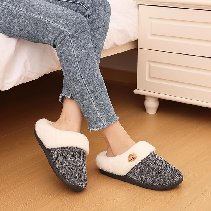 Evshine Warm Knit House Slippers for Women Comfy Wool-Like Lined Chenille Slippers with Memory Foam and Indoor Outdoor Soles