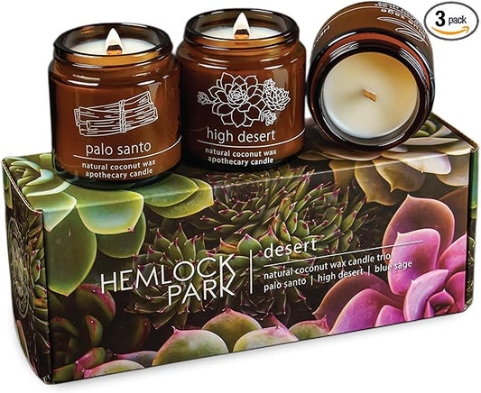 Hemlock Park Apothecary Wood Wick Candle Trio | Gift Set of Three 4 oz Candles Handcrafted with Natural Coconut Wax (High Desert | Palo Santo, Sage, High Desert)