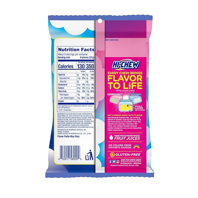 HI-CHEW Fantasy Mix, 6 Bags, 3oz each - Rainbow Sherbet Blue Hawaii Blue Raspberry - Unique Fun Soft & Chewy Halloween Candy - Immensely Juicy Fruity Candy Flavors - Individually Wrapped for Sharing