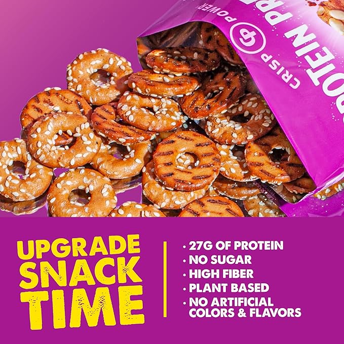 Crisp Power Protein Pretzels, Sesame, High Protein Vegan Keto Snack, 27 G Plant Based Protein, Low Carb Crunchy Pretzel Snacks, Sugar Free, No Seed Oils, 1.75 oz Bags, 24 Pack