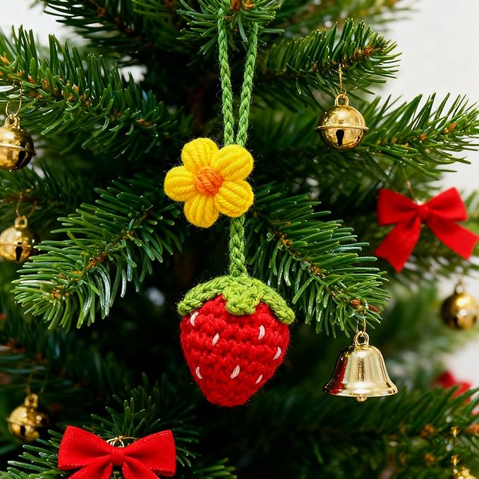 Crochet Strawberry and Flower Car Hanging Ornaments, Cute Aesthetic Rearview Mirror Hanging Accessories for Women and Girls, Handmade Polyester Fiber Car Decor 2-Pack (Red)