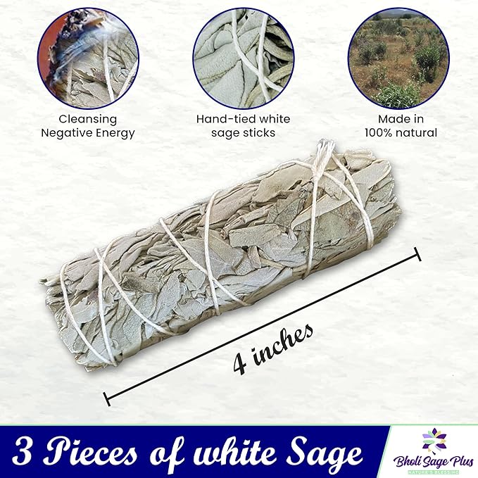 White Sage Sticks Pack of 3, Sage Smudge Kit 4'' Long Dried Sage Sticks for Meditation, Smudging and Cleansing, Getting Rid of Negative Energy