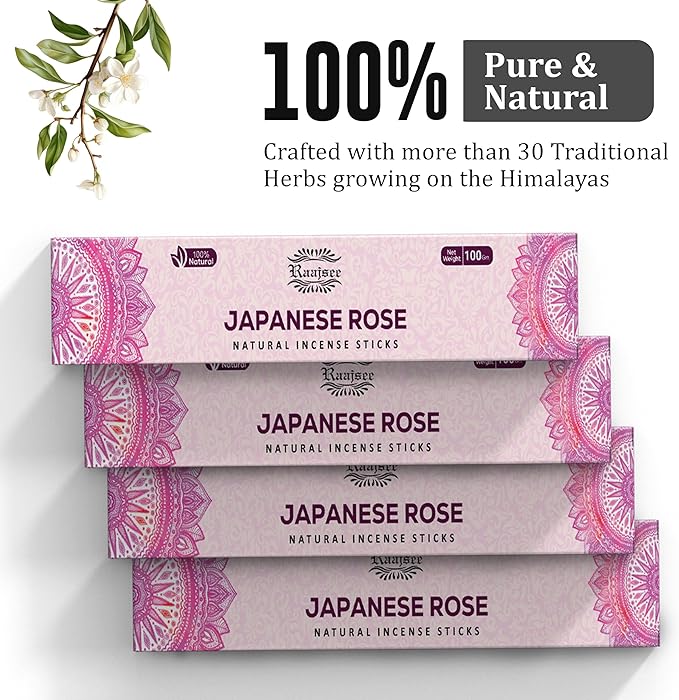 Raajsee Japanese Rose Incense Sticks (180 gm), 100% Pure Organic Natural Hand Rolled Free from Chemicals- Perfect for Aromatherapy, Cleansing, Meditation, and Church (Pack of 12)