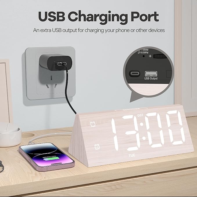 Digital Alarm Clock, with Wooden Electronic LED Time Display, 3 Alarm Settings, Humidity & Temperature Detect, Wood Made Electric Clocks for Bedroom, Bedside, Desk (White-Big Bold)