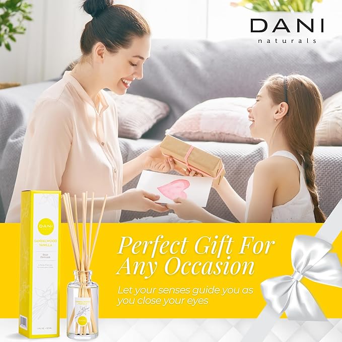 DANI Naturals Reed Diffuser Set - Vanilla Sandalwood Scent - Aromatherapy Essential Oils - Alcohol-Free, Non-Toxic - 10 Sticks - 3.5 oz