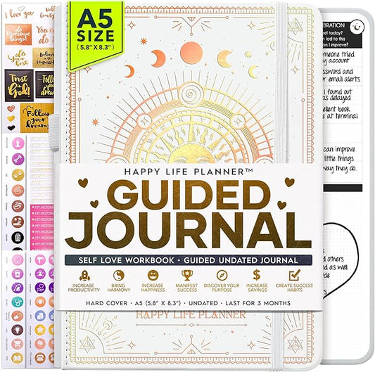 Guided Journal - Gratitude & Mental Health Journal for 5 Minute Daily | 90-Day Undated Planner for Positivity & Manifestation | Guided Mindfulness, Self Care & Reflection | Vision Board + Stickers