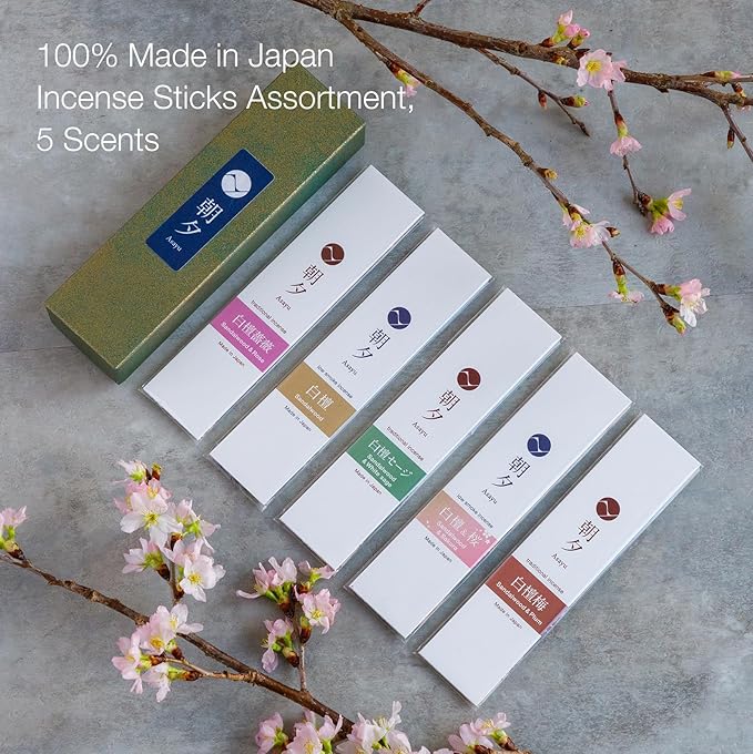 Asayu Japan Incense Sticks Assortment - 5 Sandalwood Fragrance Blends, 20g, 100% Made in Japan Incense Sampler Variety Pack - for Yoga, Zen Meditation & Relaxation
