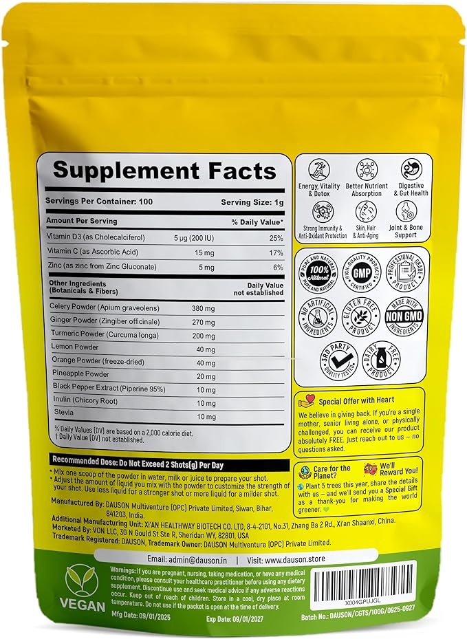 Celery Ginger Turmeric Shots – Detox & Bloat Support Drink Powder with Lemon, Pineapple, Vitamin C, D3 & Zinc – Vegan Wellness Shot – 100 Shots