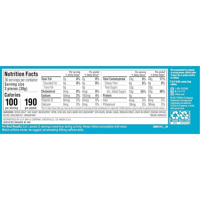 CLIF BLOKS - Tropical Punch Flavor with Caffeine - Energy Chews - Non-GMO - Plant Based - Fast Fuel for Cycling and Running - Quick Carbohydrates and Electrolytes - 2.12 oz. (18 Count)