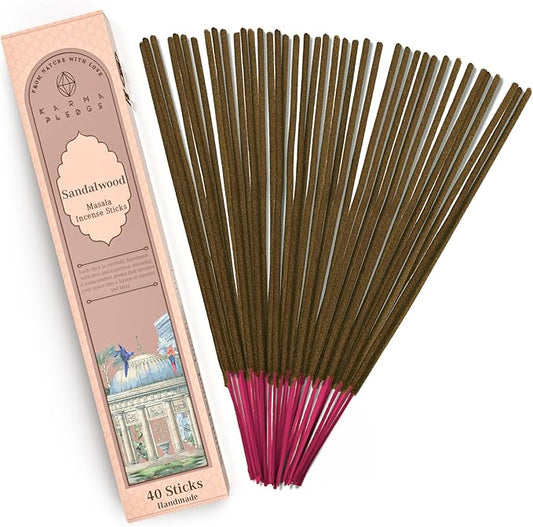 Incense Sticks, Sandalwood Incense, Made with Natural Ingredients, Hand Rolled Aromatic Masala, 40 Stick Pack, 45-60 Minute Burn Time, Best for Home Fragrance, Meditation, Yoga, Spiritual Healing