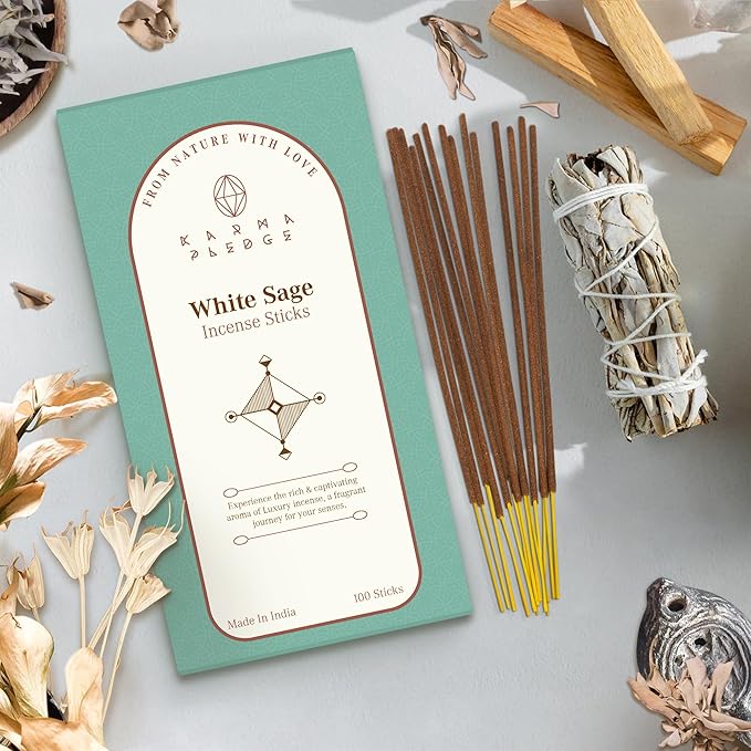 White Sage Incense Sticks, Organic Hand Dipped 100 Sticks with Natural Herbs & Aromatic Ingredients, Burn Time 45 to 60 Minutes, Incense for Positivity, Yoga, Meditation, Relaxation, Spiritual Gift