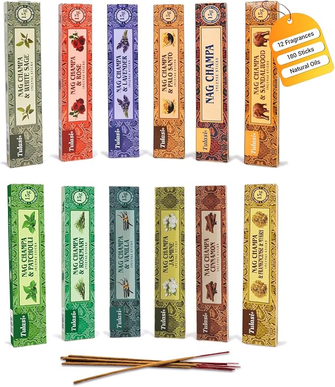 Nag Champa Incense Sticks with Natural Oils, Assorted Incense Set of 12 Scents - Lavender, Rose, Sandalwood, Vanilla, White Sage, Cinnamon, Rosemary, Positive Aroma for Meditation, Yoga Thanks Giving