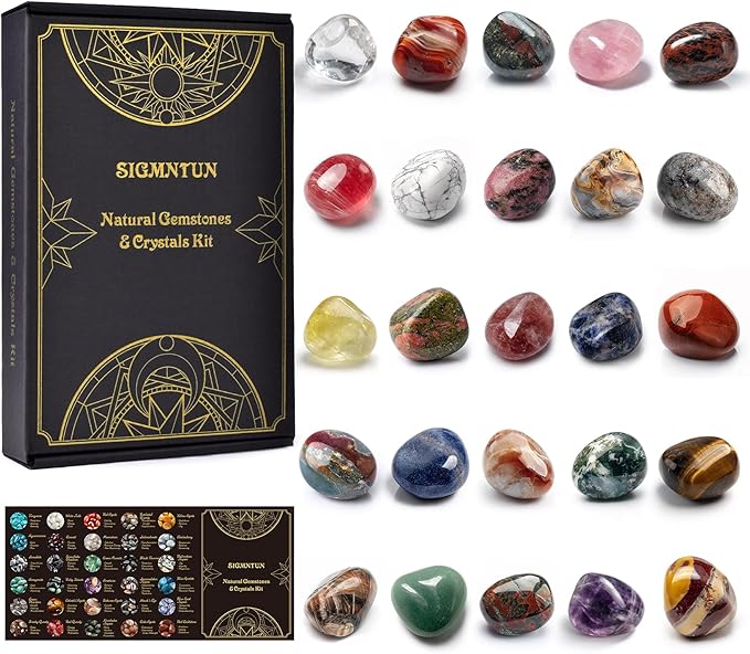 Polished Stone Set Mixed Crystals, 1.2" - 2.5 lbs, 25 Types of Extra Large Size Tumbled Gemstones and Crystals Bulk for Healing, Reiki, Meditation, Witchcraft