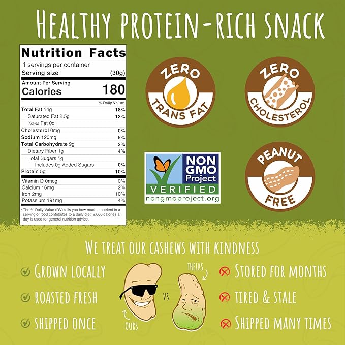 Sunshine Nut Company Whole Roasted Lightly Salted Cashews, Handful of Herbs Flavor, 12-Pack, 1.05 oz. Each, Gluten Free, Peanut Free and Vegan Individual Snack Packs for Kids and Adults, GMO Free